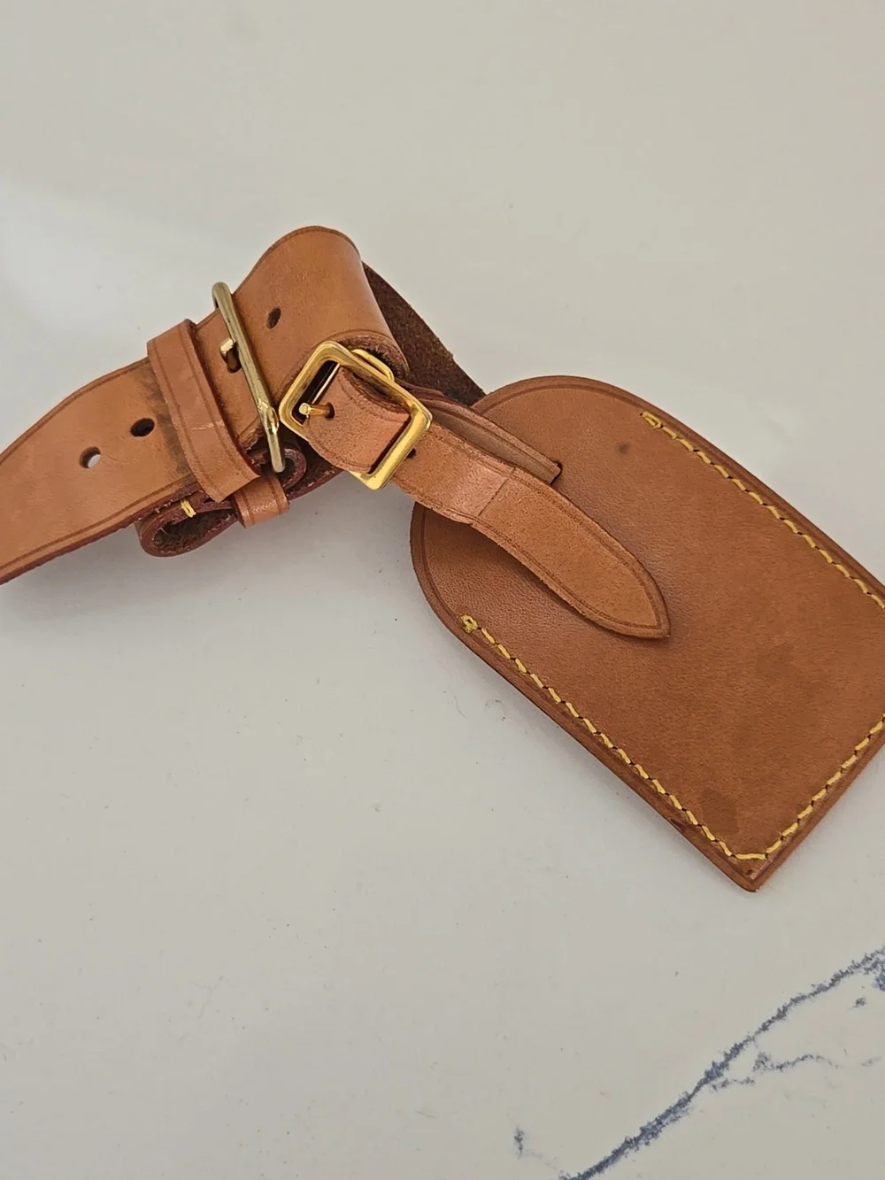 Louis Vuitton Brown Leather Luggage Tag with Yellow Stitching, GUC